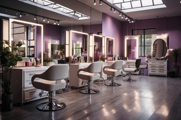 Interior elegante do salão de beleza Sala de locais de trabalho de cabeleireiro e maquiador