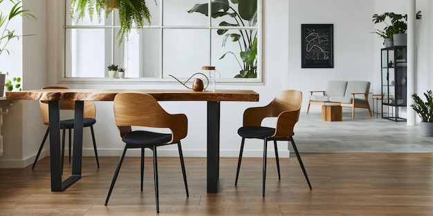 Interior elegante e botânico da sala de jantar com mesa de madeira de design artesanal, cadeiras, muitas plantas, janela grande, mapa de pôsteres e acessórios elegantes na decoração moderna. modelo.