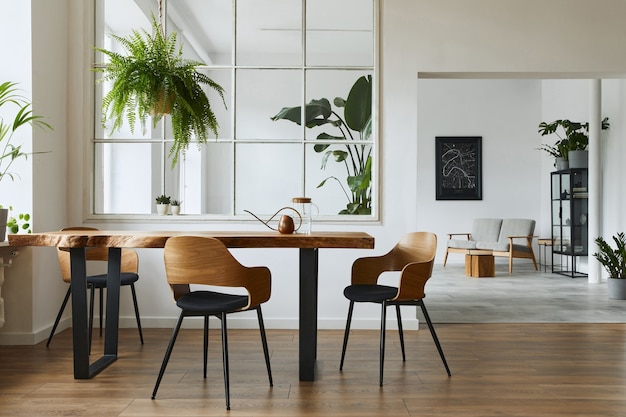 Interior elegante e botânico da sala de jantar com mesa de madeira de design artesanal, cadeiras, um pombal de plantas, grande janela, mapa de pôster e acessórios elegantes em decoração moderna. Modelo.