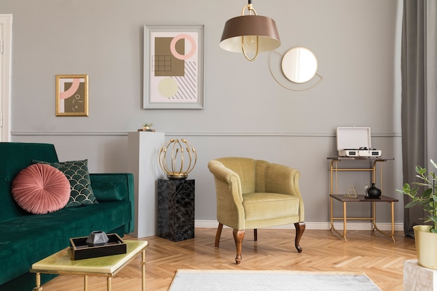 Interior elegante e luxuoso da sala de estar com poltrona elegante de veludo verde, sofá, mesa de centro, suportes de mármore, lâmpadas de design, pinturas de arte e acessórios chiques na decoração da casa.