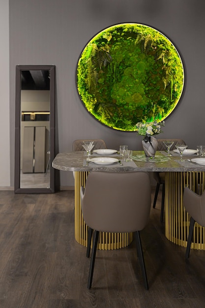 interior elegante e luxuoso da sala de jantar em um apartamento ultramoderno em cores escuras com um painel decorativo de musgo verde muito legal na parede com iluminação led