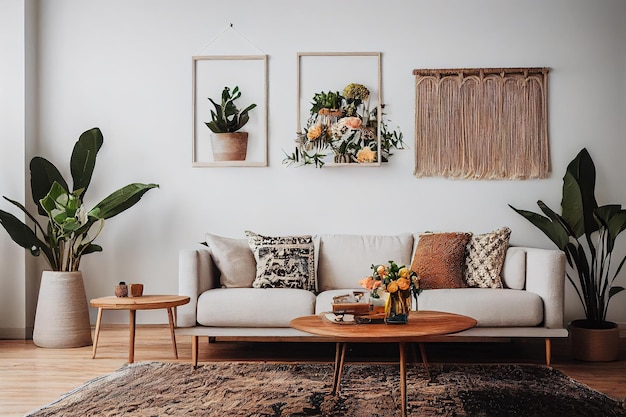 Interior elegante e moderno da sala de estar em estilo boho com molduras de maquete flores em um vaso mesa de madeira bege macramê e acessórios elegantes Designer de decoração para casa conceito boêmio