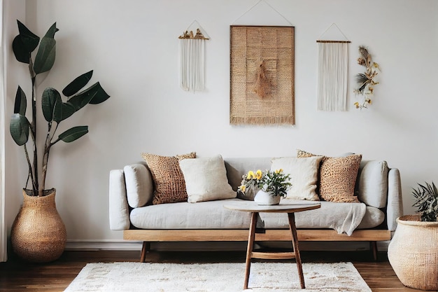 Interior elegante e moderno da sala de estar em estilo boho com molduras de maquete flores em um vaso mesa de madeira bege macramê e acessórios elegantes Designer de decoração para casa conceito boêmio