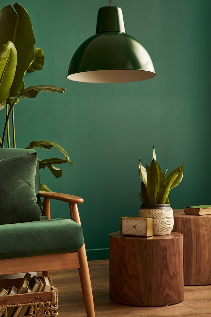 Interior elegante y elegante de la sala de estar con sofá verde de diseño y plantilla de espacio de copia de accesorios