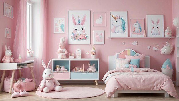 Foto interior elegante de una habitación infantil en color rosa para niñas pequeñas