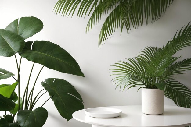 Interior elegante de la habitación con mesa de plantas monstera y pared blanca