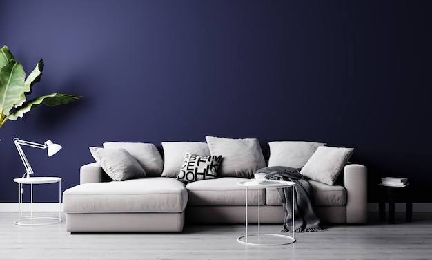 Interior elegante de la luminosa sala de estar con sofá gris, planta y mesa de centro con decoración. Maqueta de salón interior. Habitación de diseño moderno con luz natural. Representación 3d