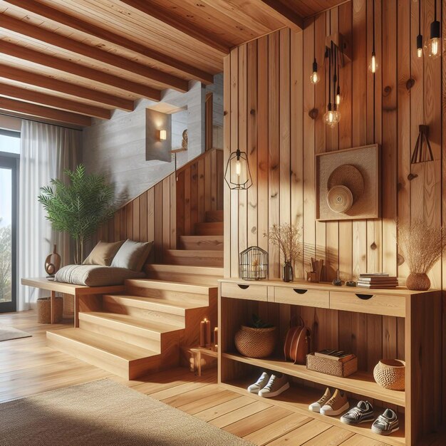 Foto interior elegante moderno de madera entrada pasillo decoración con acogedor tono de madera hogar contemporáneo con