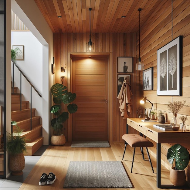 Foto interior elegante moderno de madera entrada pasillo decoración con acogedor tono de madera hogar contemporáneo con