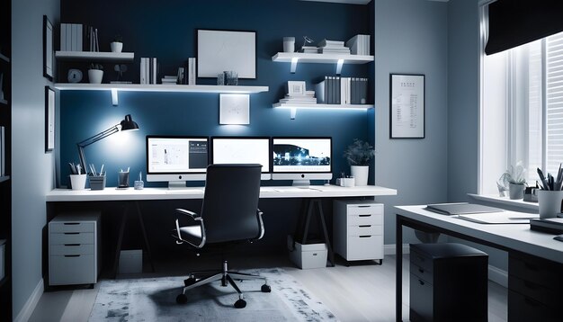 Foto interior elegante de oficina en casa con concepto de estilo de vida de lugar de trabajo y computadora