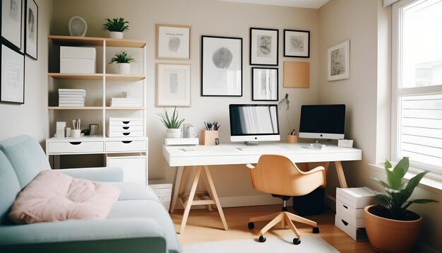 Foto interior elegante de oficina en casa con concepto de estilo de vida de lugar de trabajo y computadora