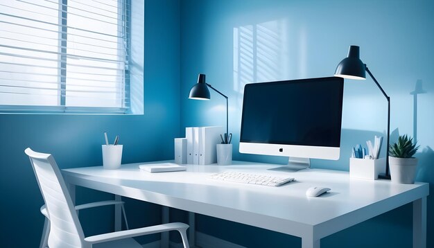 Interior elegante de oficina en casa con concepto de estilo de vida de lugar de trabajo y computadora