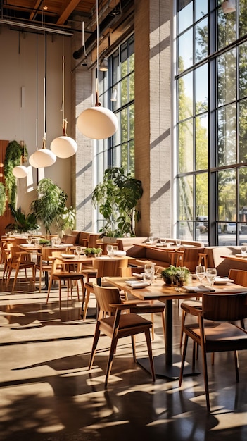 El interior elegante del restaurante con grandes ventanas