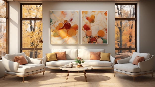 Interior elegante sala de estar moderna em cores douradas elegantes com grandes janelas e com uma pintura na parede Gerar Ai