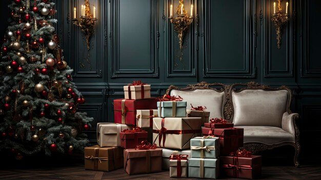 Interior elegante de la sala de estar adornado con un árbol de Navidad y paquetes navideños