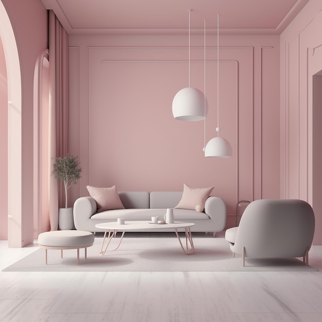 Interior elegante de la sala de estar en colores rosa pastel, decoración moderna y acogedora