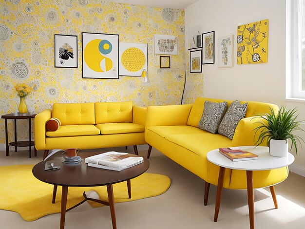 Interior elegante de la sala de estar con un cómodo sofá amarillo