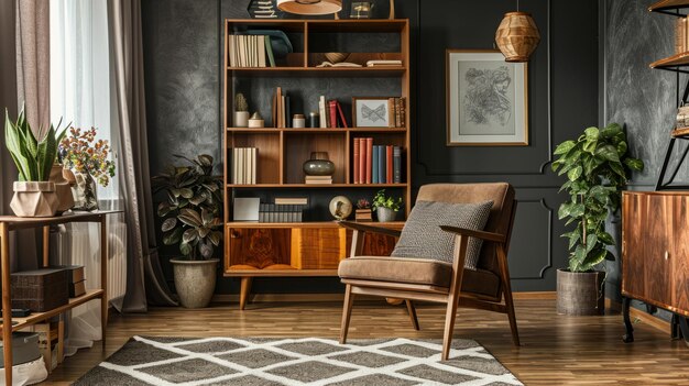 Foto interior elegante de la sala de estar con diseño sillón marrón lámpara colgante de estantería de madera