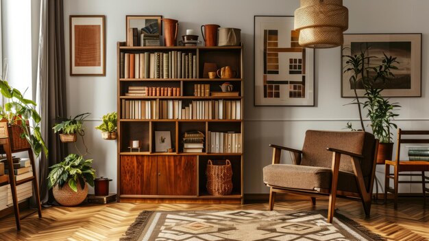 Foto interior elegante de la sala de estar con diseño sillón marrón lámpara colgante de estantería de madera