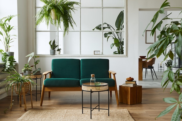 Interior de la elegante sala de estar escandinava con sofá de terciopelo verde, mesa de café, alfombra, plantas, muebles, accesorios elegantes en la decoración del hogar moderno.