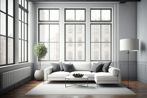 Interior elegante de sala de estar luminosa con sofá blanco y sillón, lámpara de pie, planta y mesa de centro con decoración Maqueta interior de sala de estar Habitación de diseño moderno con luz diurna IA generativa