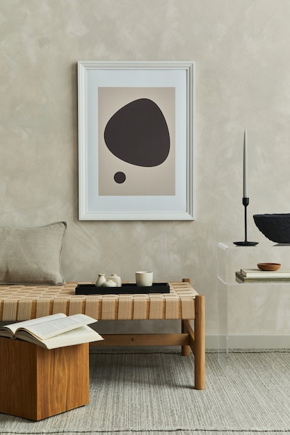 Interior elegante de la sala de estar con maquetas de chaise lounge con marco de póster y plantilla de accesorios