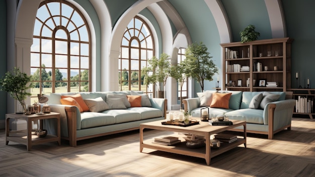 Interior de una elegante sala de estar moderna en una villa de lujo Muebles acolchados con estilo mesa de centro de madera plantas de interior ventanas de arco con vistas al hermoso paisaje Glamour de Hollywood en el diseño del hogar