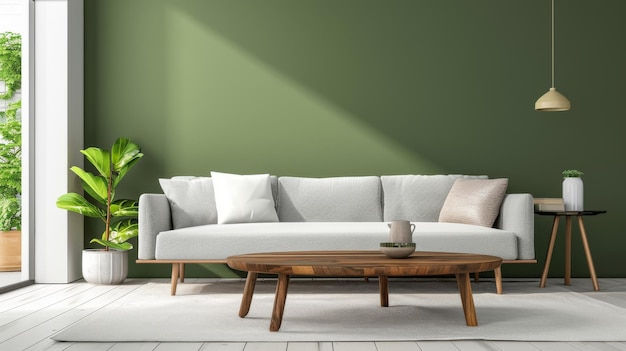 Interior elegante de la sala de estar con muebles modernos y acentos verdes