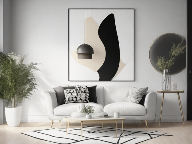 Interior elegante de la sala de estar con un póster de marco abstracto IA generativa moderna