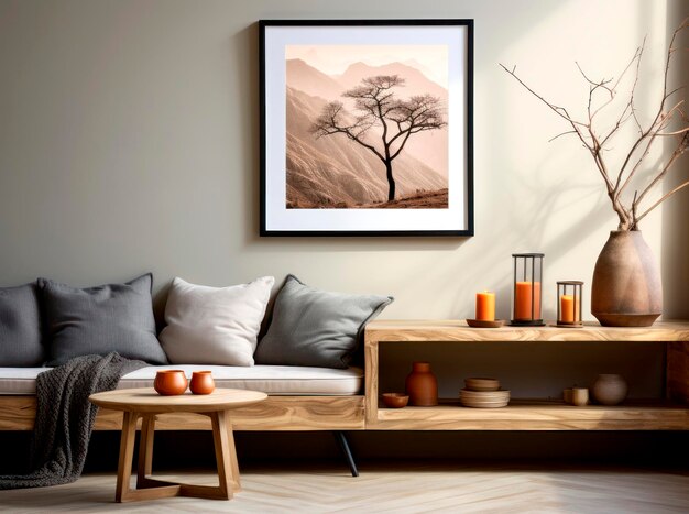 Interior elegante de la sala de estar con sillas de baño de madera y plantas Marco de póster simulado