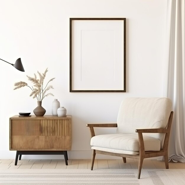 Interior elegante de la sala de estar con sillón y decoraciones de madera