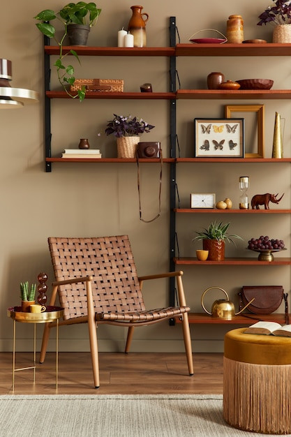 Interior elegante de la sala de estar con sillón de ratán, estantería de madera, plantas, puf, marco de fotos, alfombra, decoración y accesorios elegantes en la decoración del hogar.