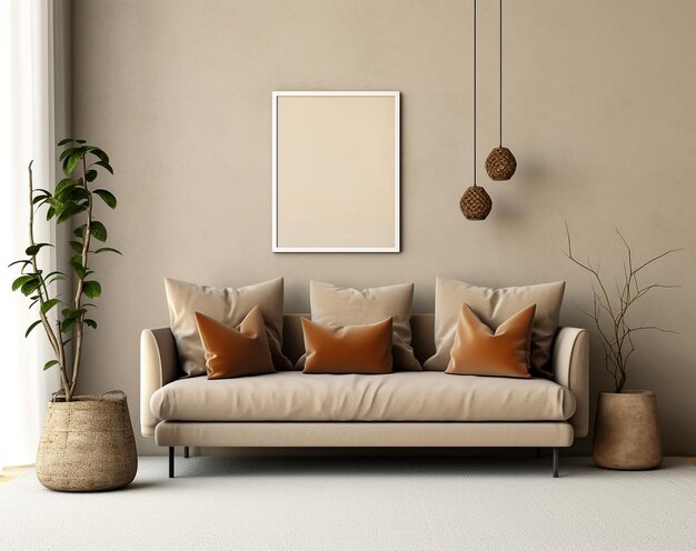 Interior de elegante sala de estar con sofá flor en jarrón y maqueta de marcos generada por ai