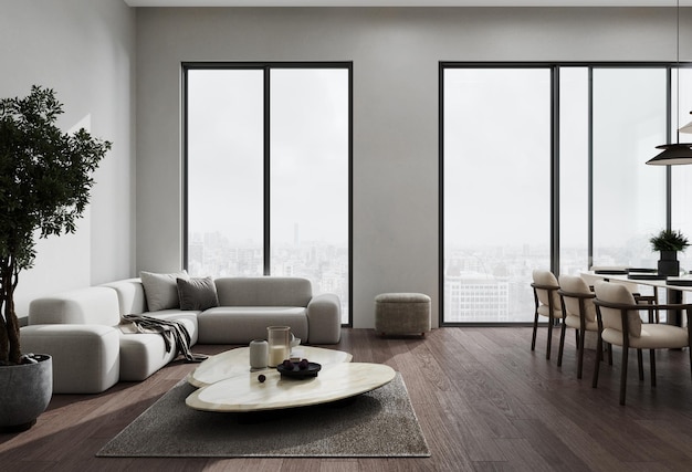 Foto interior elegante de la sala de estar con sofá gris y área de comedor renderización 3d