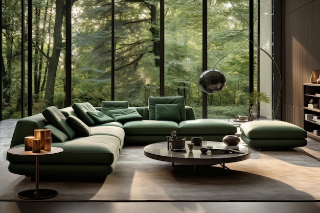 Interior de una elegante sala de estar en una villa moderna muebles tapizados verdes alfombra redonda para mesa de café