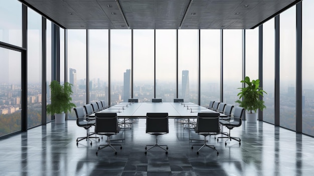 Foto interior de una elegante sala de reuniones de oficina con piso de hormigón, ventana panorámica con paisaje urbano y larga mesa de conferencias con sillas grises.