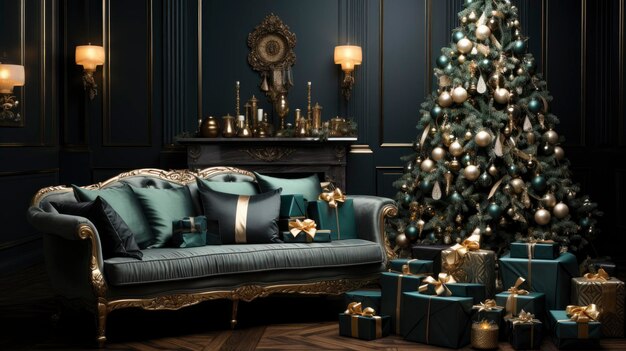 Interior de un elegante salón adornado con un árbol de Navidad y regalos navideños