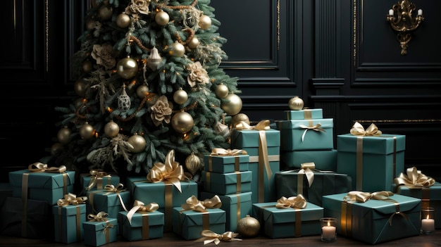 Interior de un elegante salón adornado con un árbol de Navidad y regalos navideños