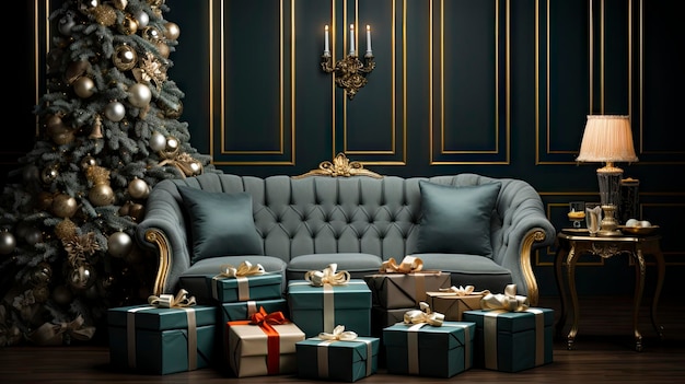 Interior de un elegante salón adornado con un árbol de Navidad y regalos navideños.