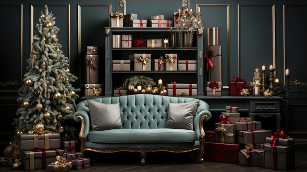 Interior de un elegante salón adornado con un árbol de Navidad y regalos navideños.