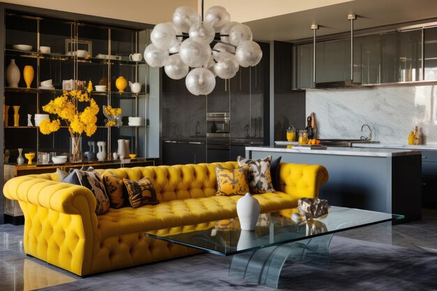 Un interior elegante con un sofá amarillo, una cocina moderna y una iluminación elegante.