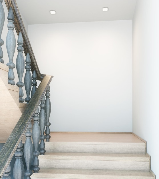 Interior con escaleras y pared vacía.