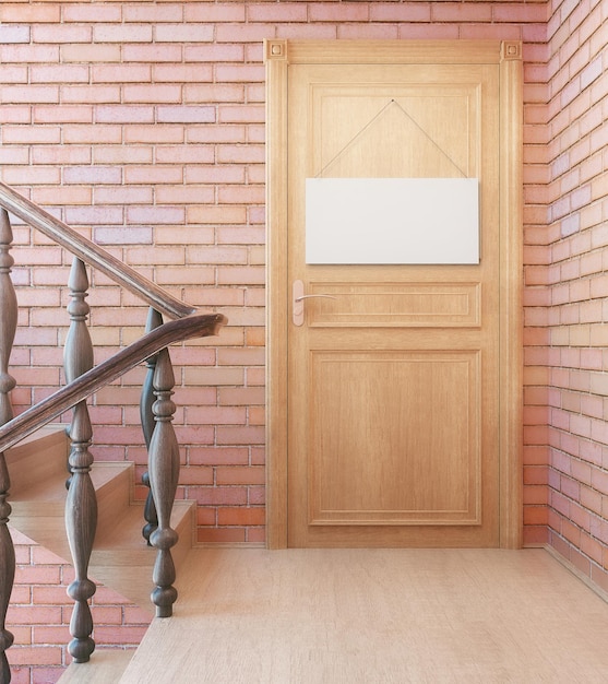 Interior con escaleras y puerta.