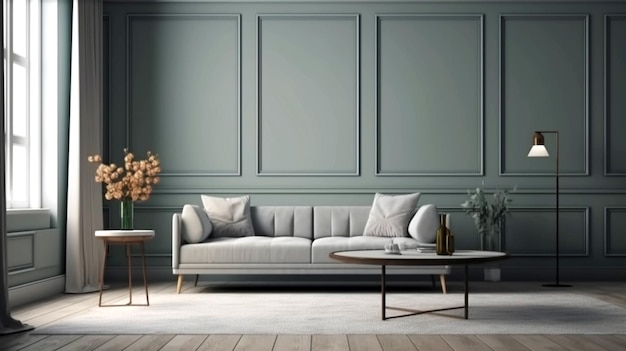 Interior escandinavo da sala de estar com design de sofá cinza AI Generative