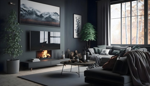 Interior escandinavo da sala de estar com grande tela de tv preta lareira moderna e sofá cinza generativo ai