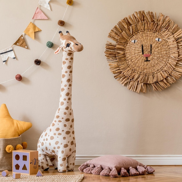 Interior escandinavo elegante de quarto de criança com brinquedos naturais, decoração suspensa, móveis de design, animais de pelúcia, ursinhos de pelúcia e acessórios. Paredes bege. Design de interiores de quarto de criança. Modelo.