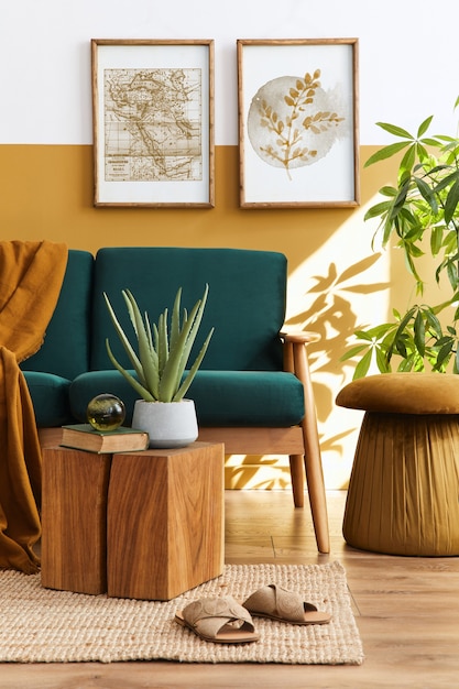 Interior escandinavo elegante de sala de estar com sofá de veludo verde de design, pufe dourado, móveis de madeira, plantas, carpete, cubo e molduras.