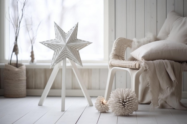 Interior escandinavo minimalista com floresta de neve atrás da janela decoração de madeira e estrela