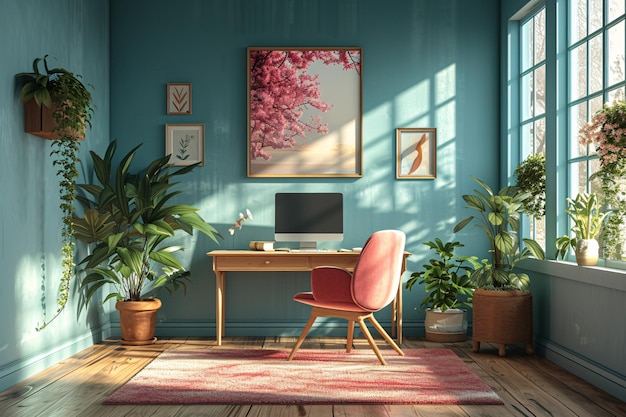 Interior escandinavo minimalista Plantas de escritório em vaso Estação de trabalho em casa Cadeira e mesa Co