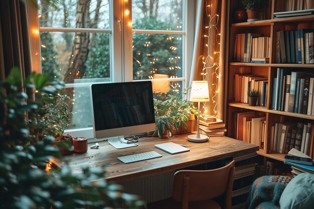 Foto interior escandinavo minimalista plantas de escritório em vaso estação de trabalho em casa cadeira e mesa co